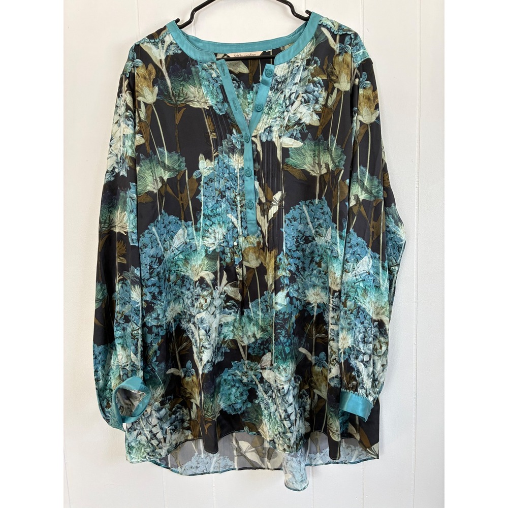 Soft Surroundings 100% Silk Floral Tunic Blouse Teal Blue Botanical‎ Boho 1X